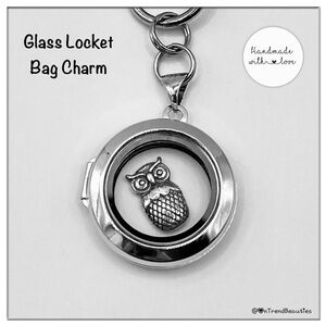 Stainless Steel and Glass Floating Locket, Sterling Silver Owl Inside, Bag Charm